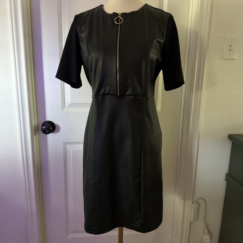 Nanette Lepore Dress Womens 8 Black Faux Leather Mixed Media Zip Sheath Classic